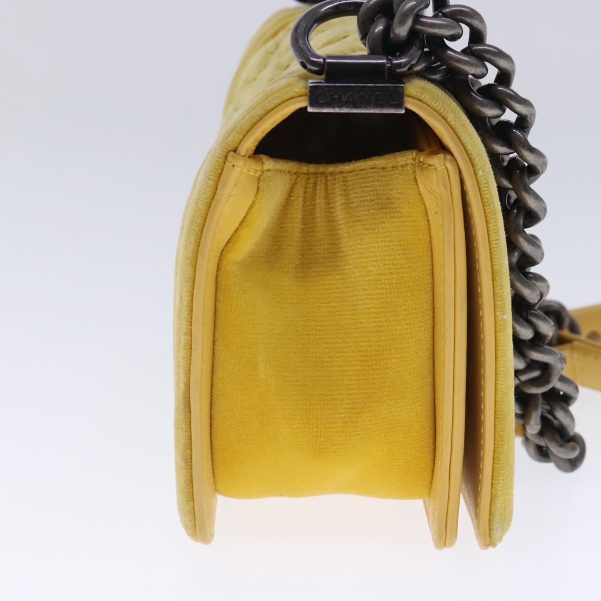 CHANEL Matelasse 20 Chain Boy Chanel Shoulder Bag Velor Yellow CC Auth 94468A