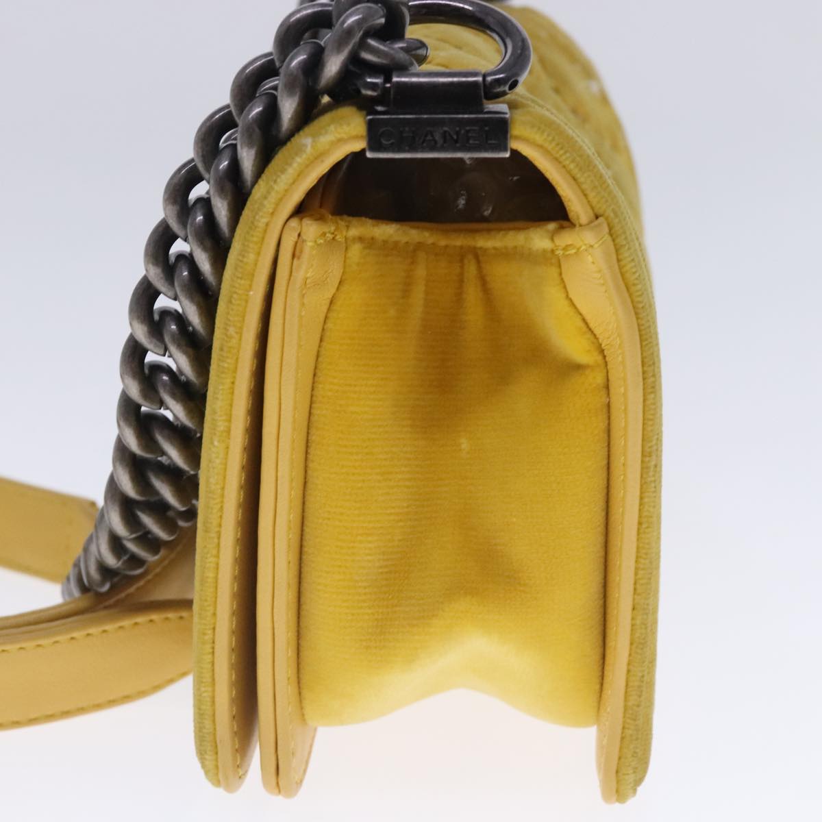 CHANEL Matelasse 20 Chain Boy Chanel Shoulder Bag Velor Yellow CC Auth 94468A