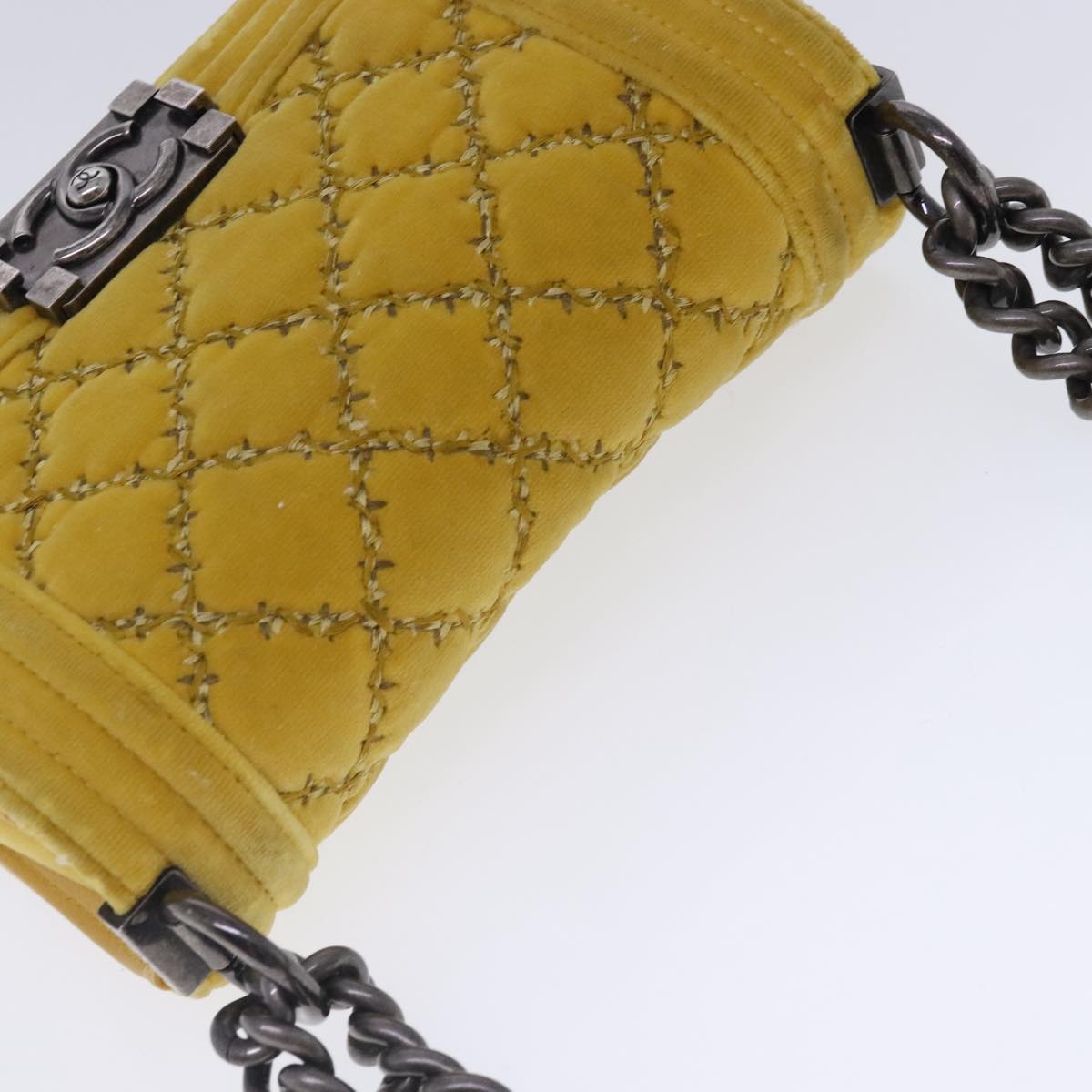 CHANEL Matelasse 20 Chain Boy Chanel Shoulder Bag Velor Yellow CC Auth 94468A