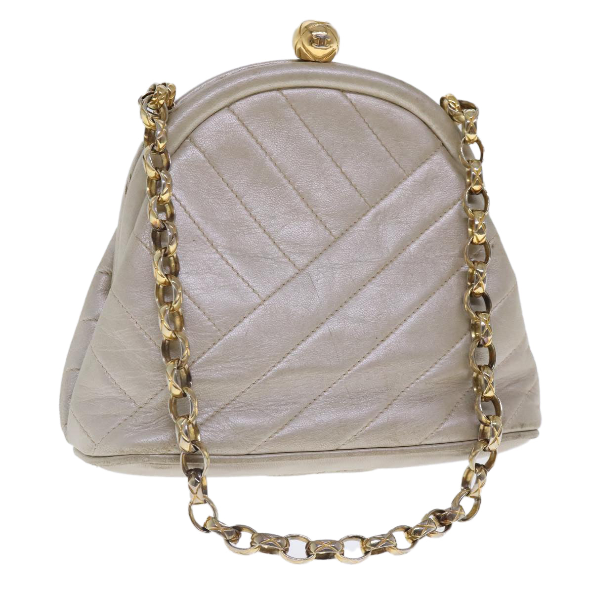 CHANEL Chain Shoulder Bag Leather White Gold CC Auth 94469