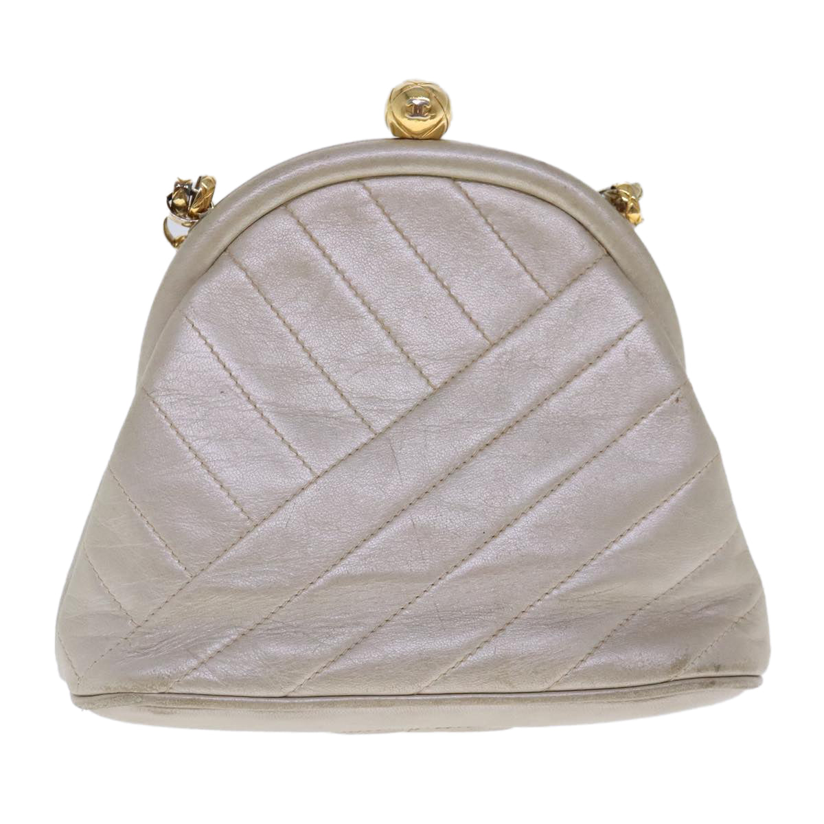 CHANEL Chain Shoulder Bag Leather White Gold CC Auth 94469