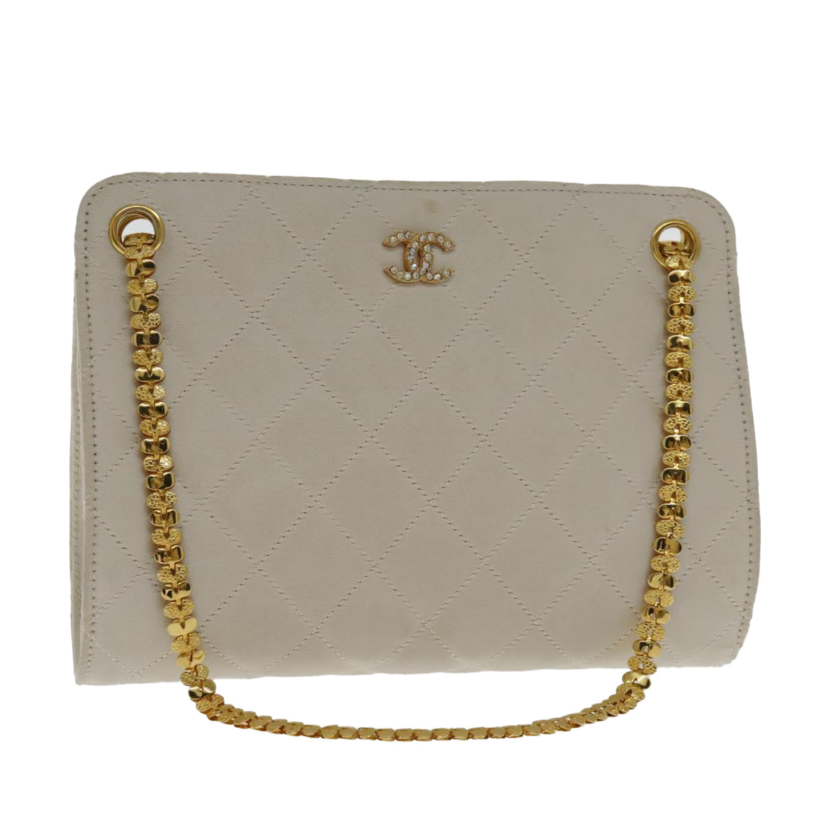 CHANEL Quilted Chain Shoulder Bag Nylon White Gold CC Auth 94470