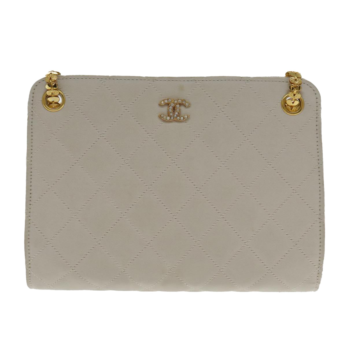 CHANEL Quilted Chain Shoulder Bag Nylon White Gold CC Auth 94470