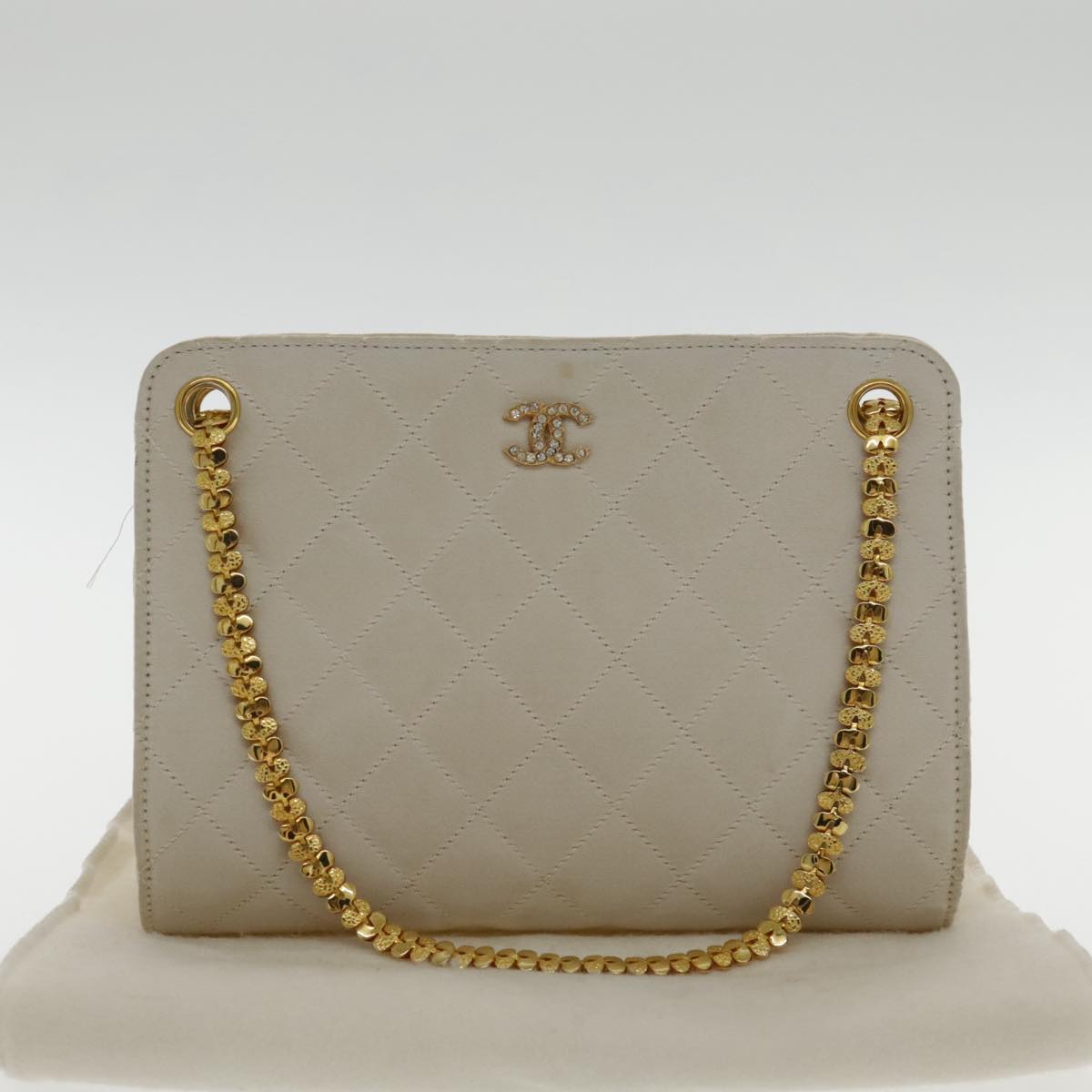 CHANEL Quilted Chain Shoulder Bag Nylon White Gold CC Auth 94470