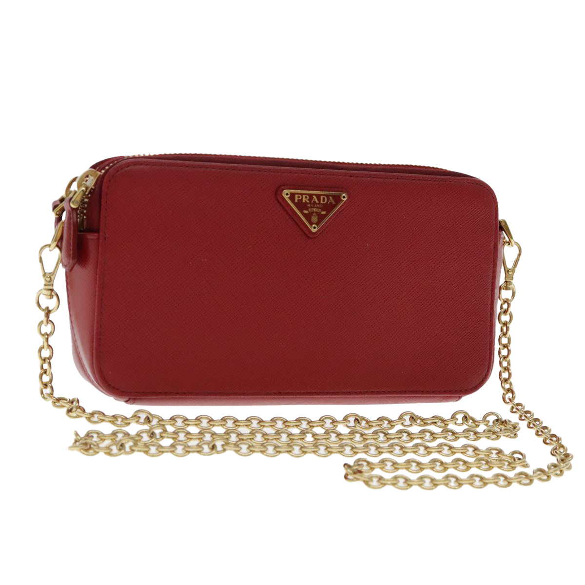 PRADA Chain Shoulder Bag Safiano leather Red Gold Auth 94477