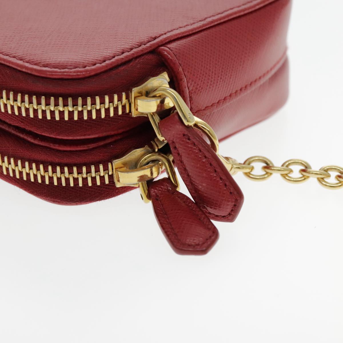 PRADA Chain Shoulder Bag Safiano leather Red Gold Auth 94477