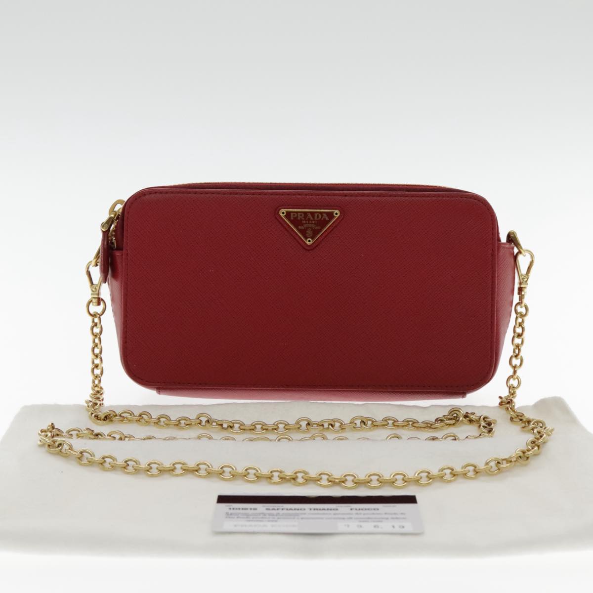 PRADA Chain Shoulder Bag Safiano leather Red Gold Auth 94477