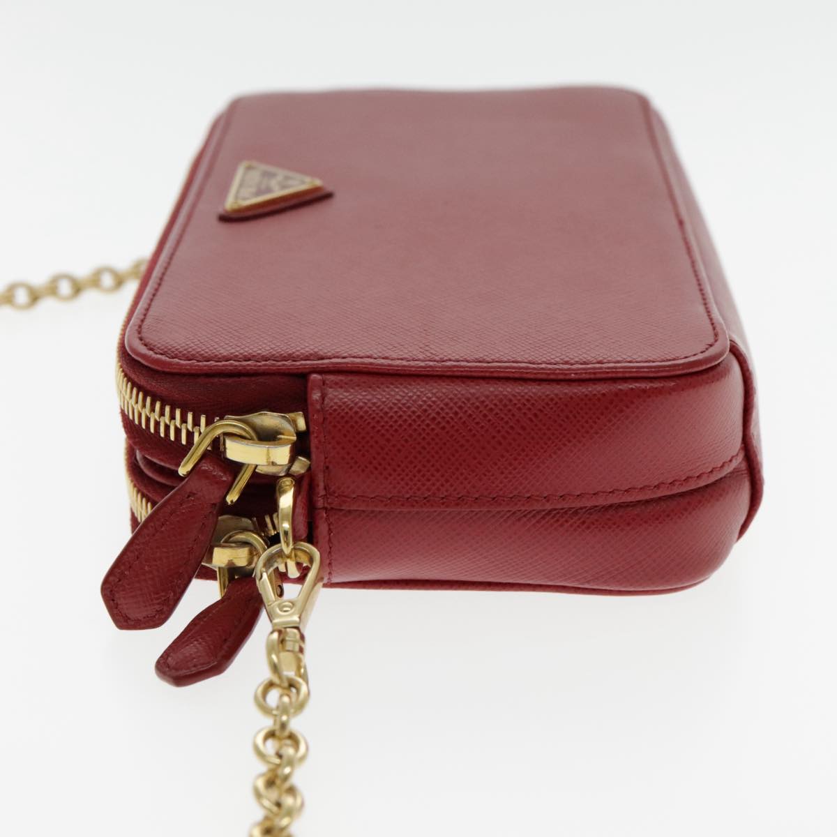 PRADA Chain Shoulder Bag Safiano leather Red Gold Auth 94477