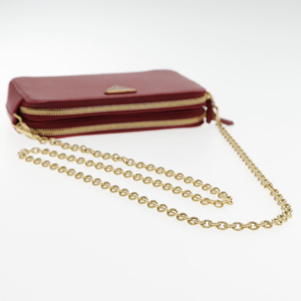 PRADA Chain Shoulder Bag Safiano leather Red Gold Auth 94477