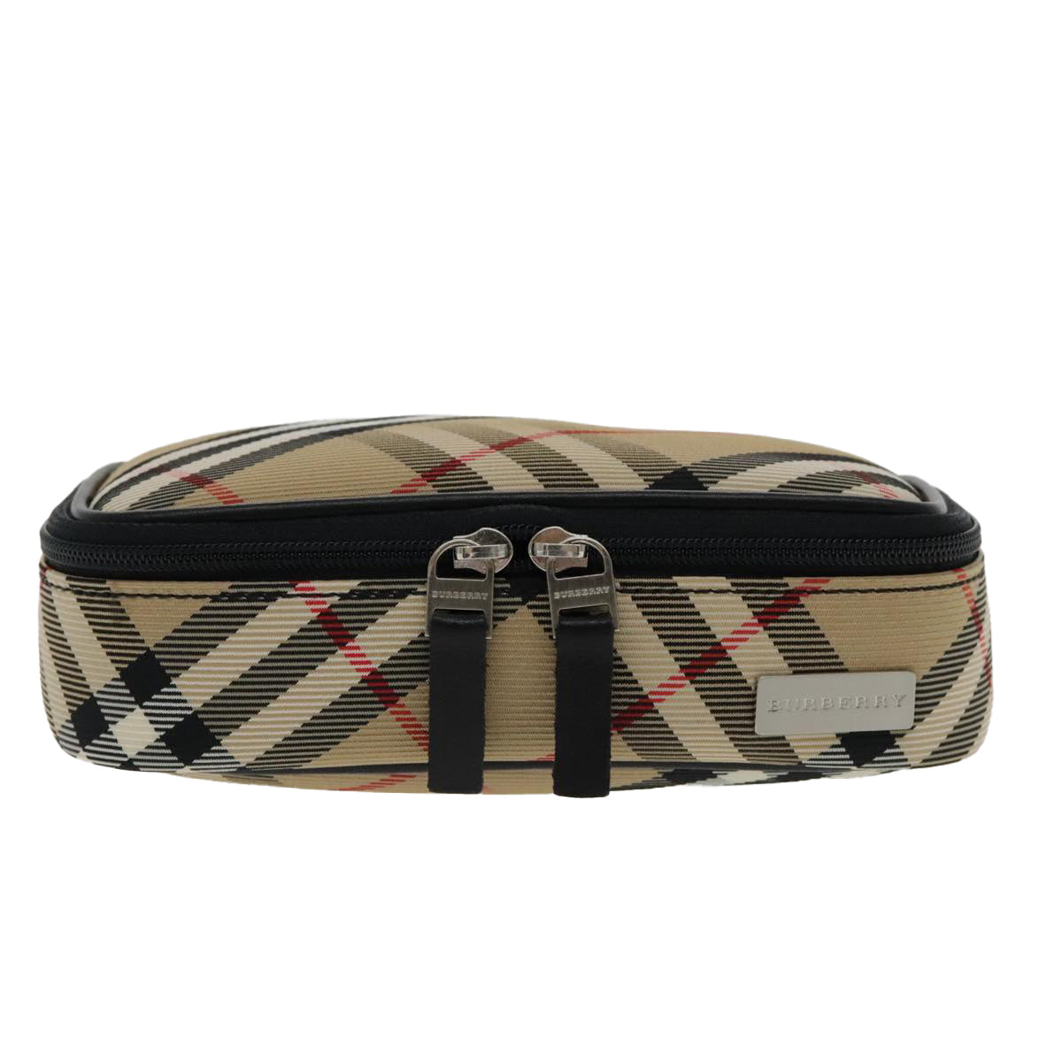 BURBERRY Nova Check Pouch Nylon Beige Silver Auth 94478