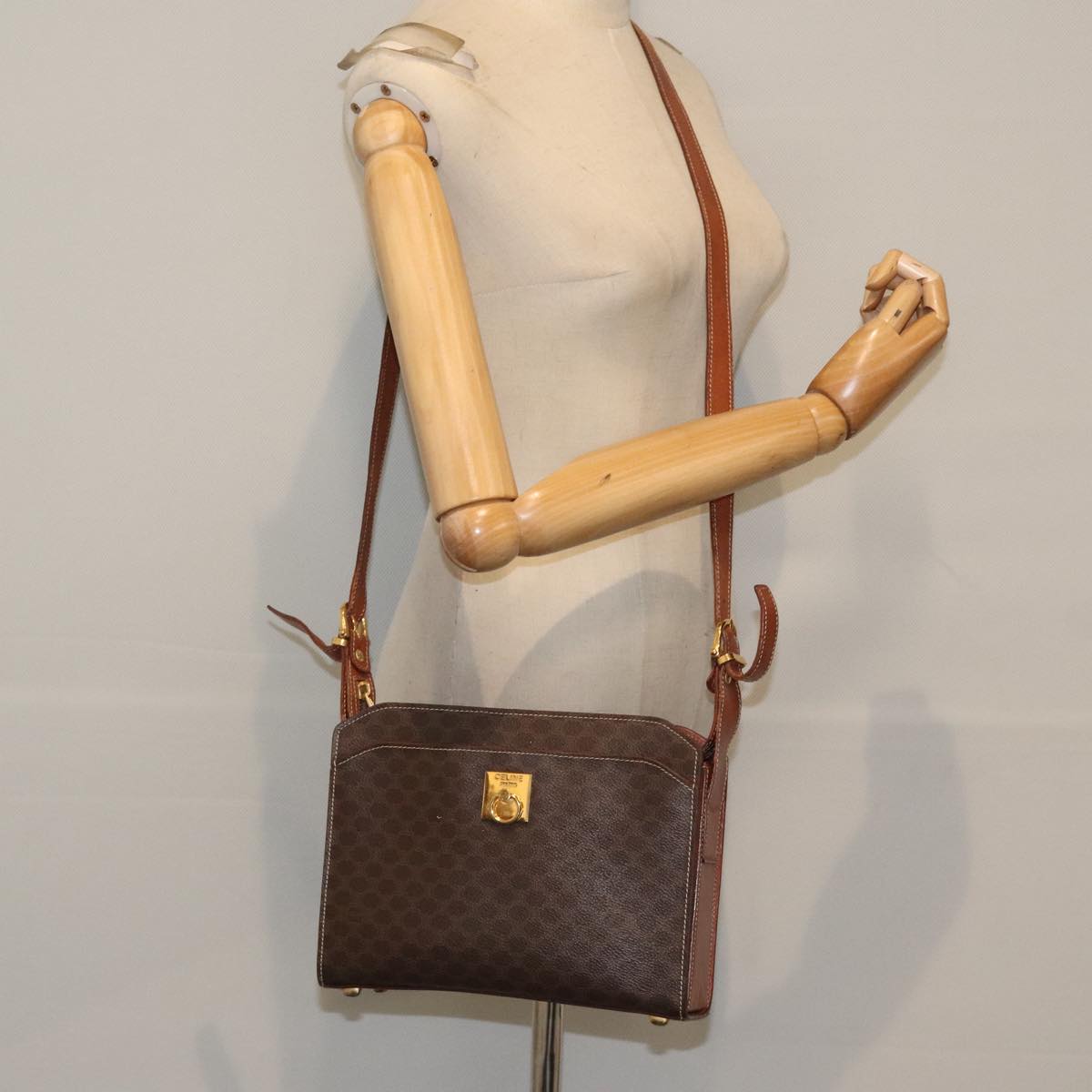 CELINE Macadam Canvas Shoulder Bag PVC Leather Brown Gold Auth 94568