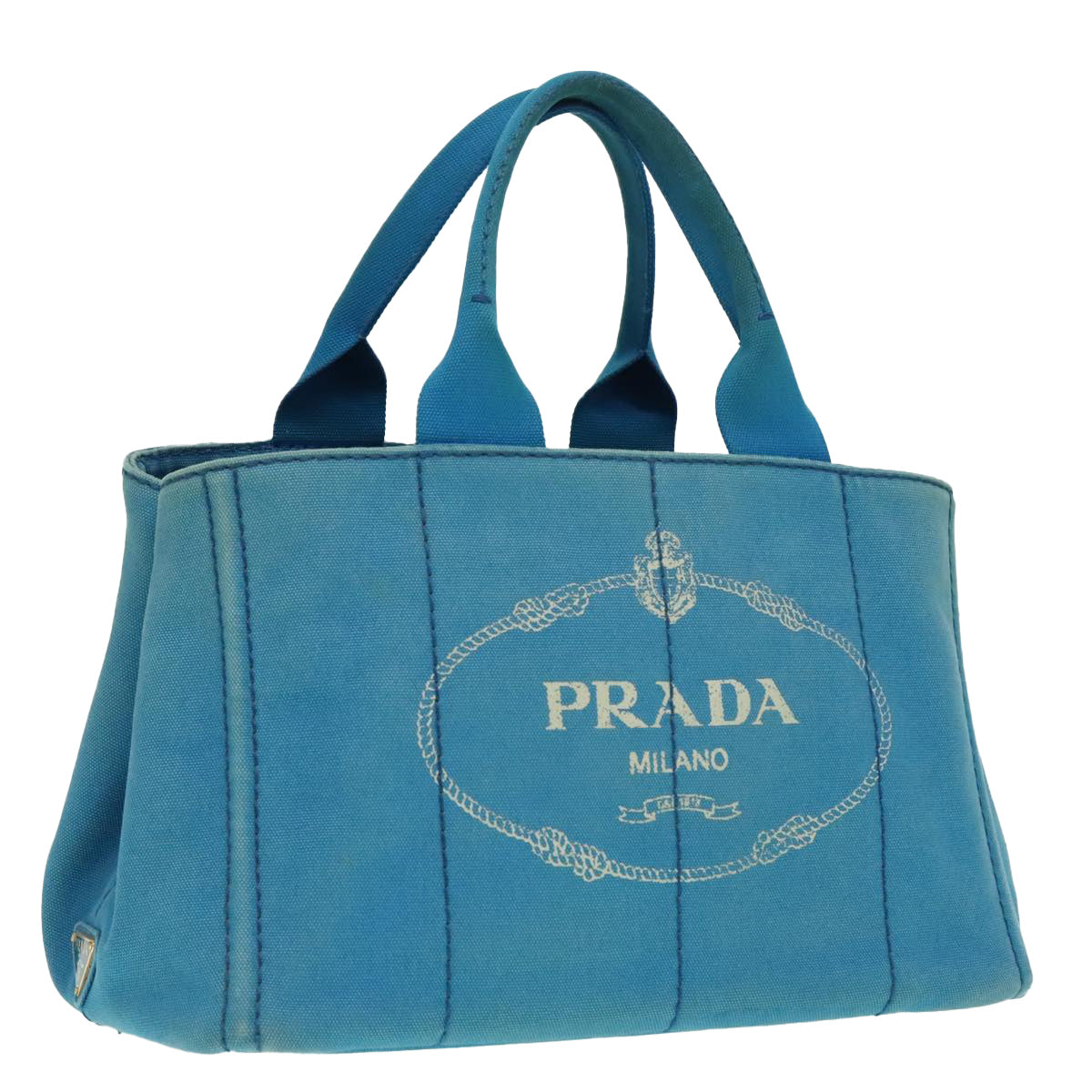 PRADA Canapa MM Hand Bag Canvas Blue Gold Auth 94610