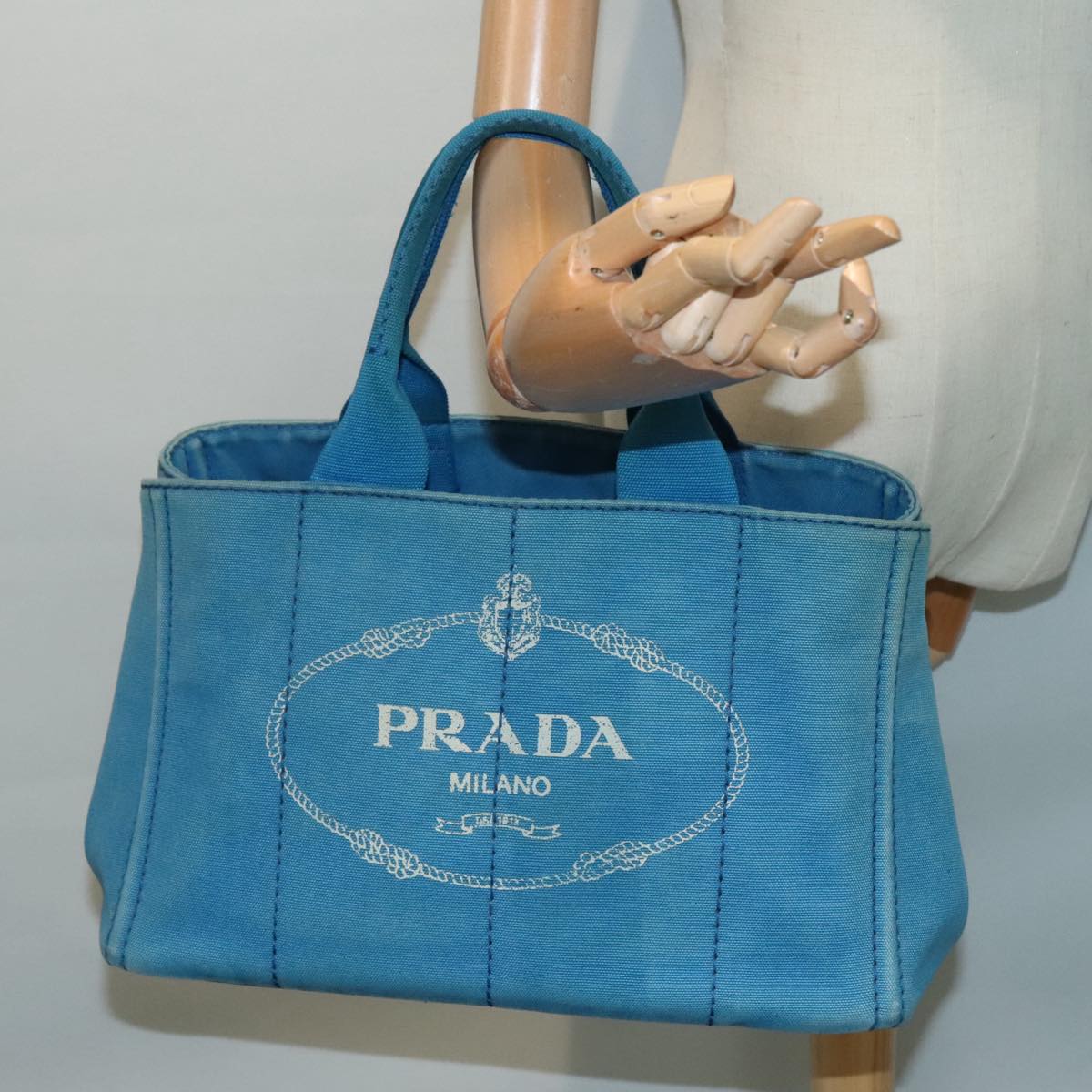 PRADA Canapa MM Hand Bag Canvas Blue Gold Auth 94610