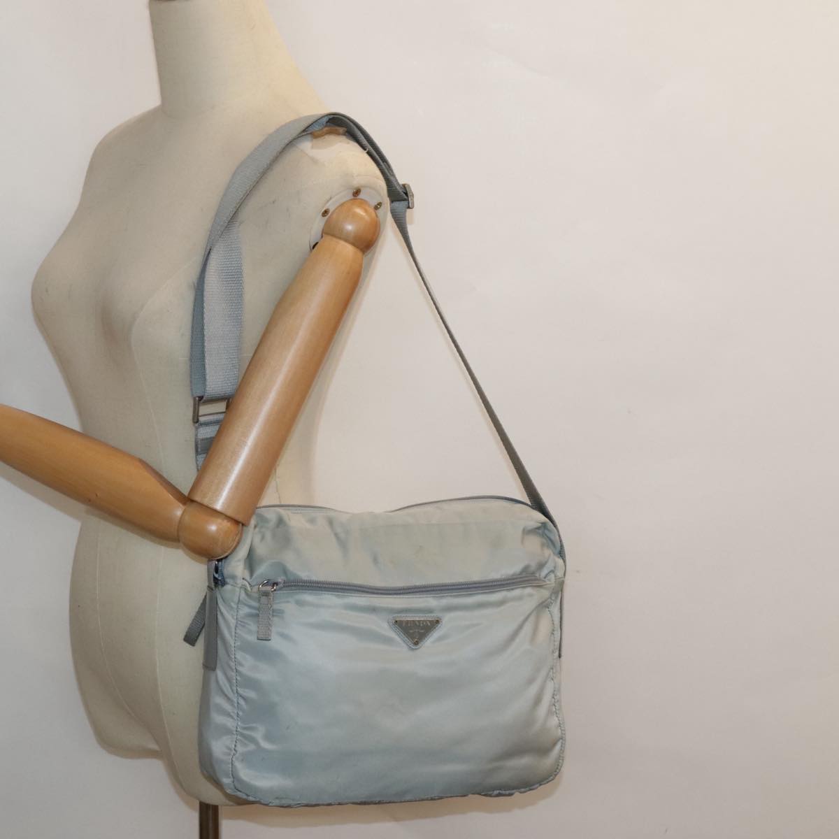 PRADA Shoulder Bag Nylon Light Blue Silver Auth 94616