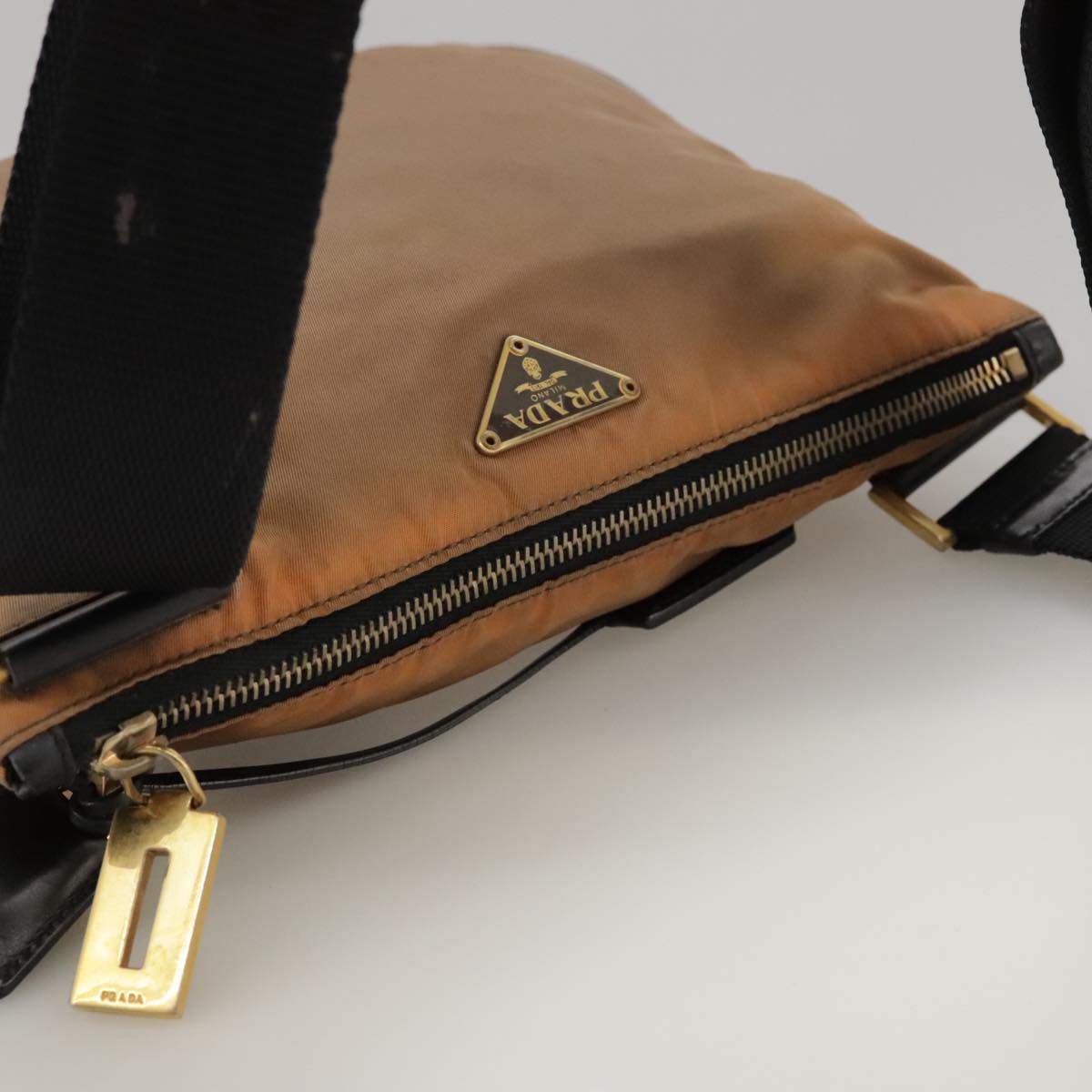 PRADA Shoulder Bag Nylon Beige Gold Auth 94617