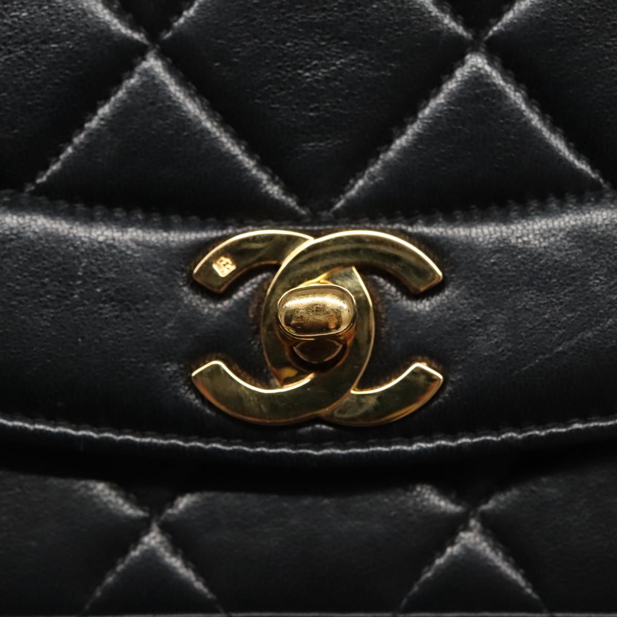 CHANEL Diana Matelasse Chain Shoulder Bag Lamb Skin Black Gold CC Auth 94641S