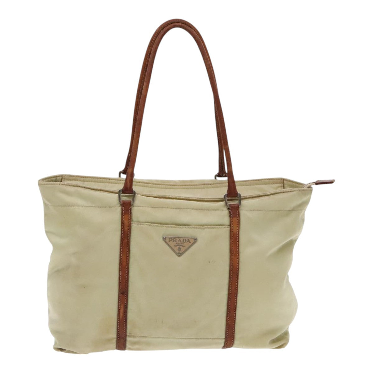 PRADA Shoulder Bag Nylon Leather Beige Brown Silver Auth 94649