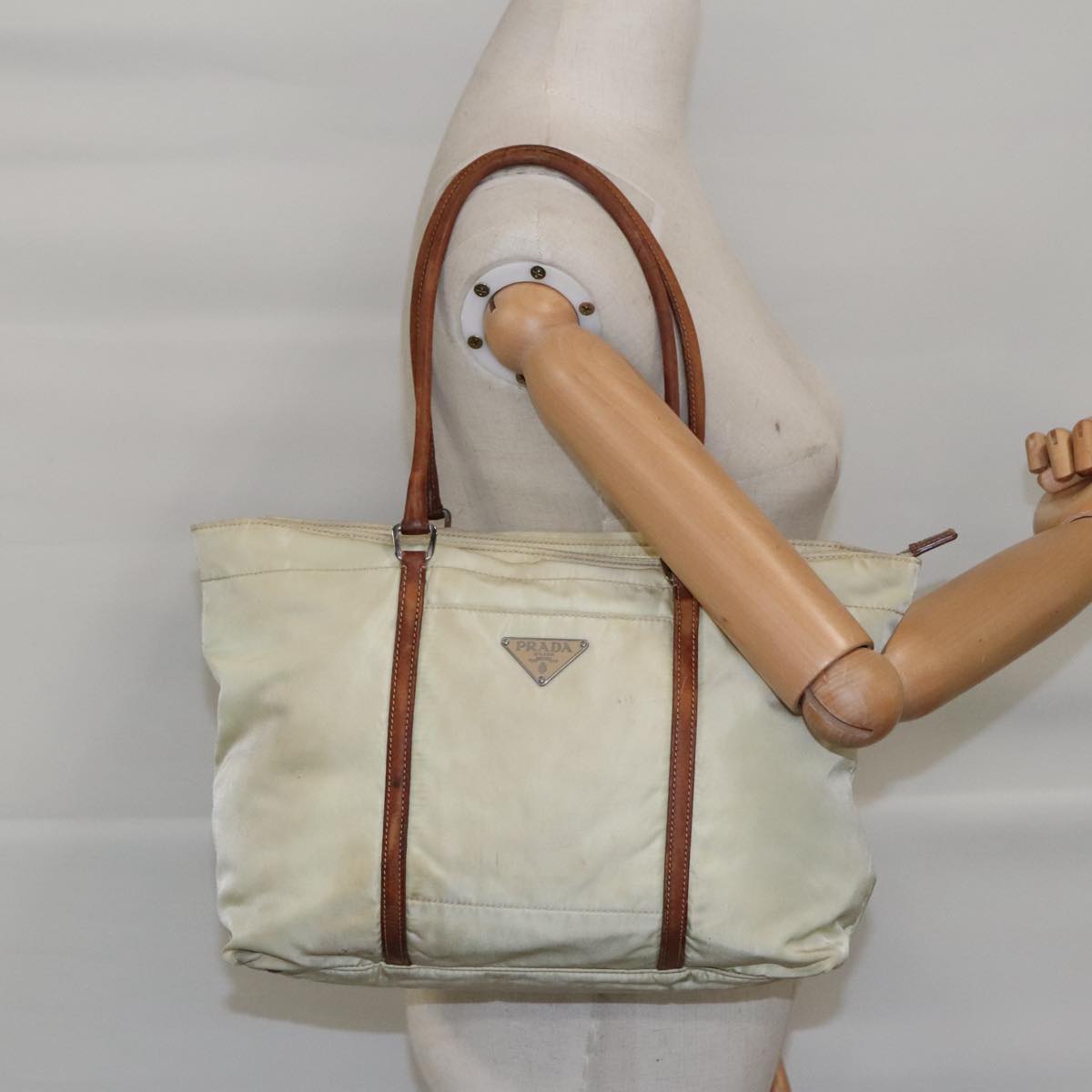 PRADA Shoulder Bag Nylon Leather Beige Brown Silver Auth 94649