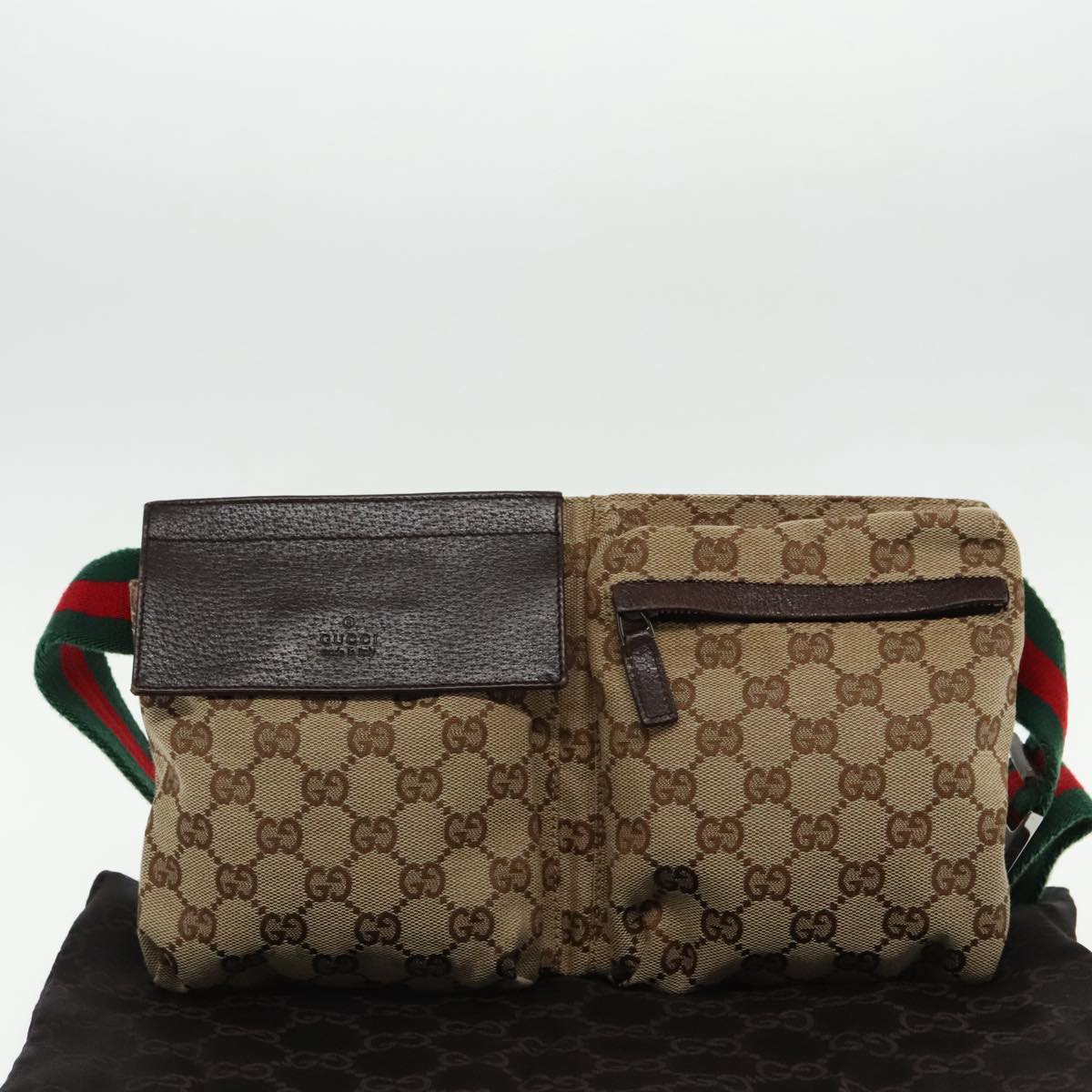 GUCCI GG Canvas Web Sherry Line Waist bag Beige Silver Red 28566 Auth 94663