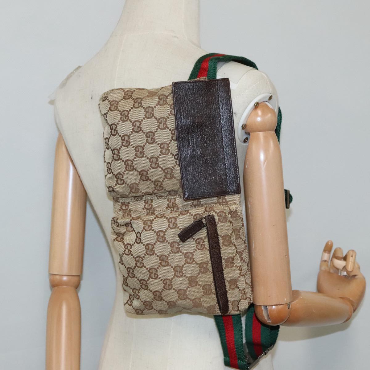 GUCCI GG Canvas Web Sherry Line Waist bag Beige Silver Red 28566 Auth 94663