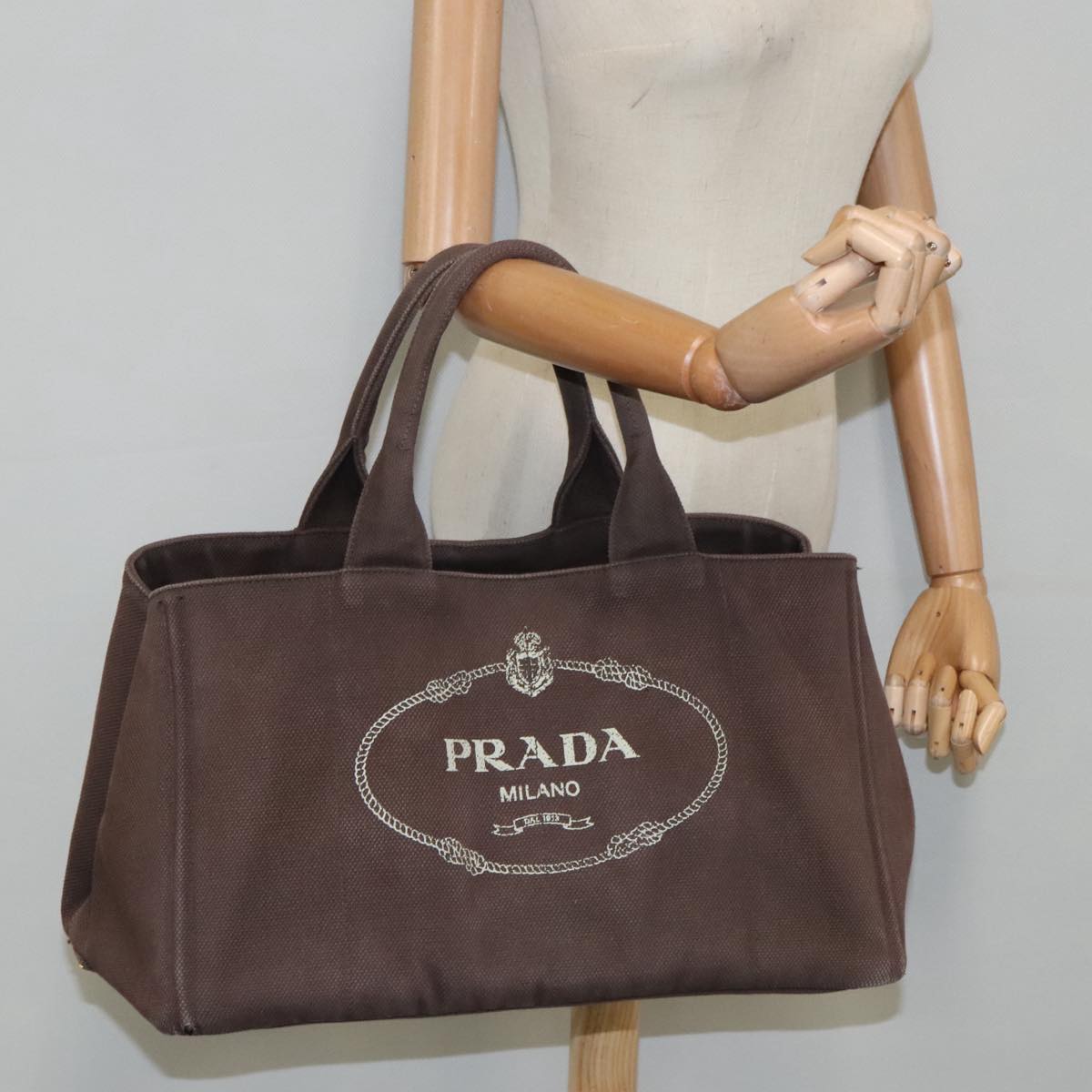 PRADA Canapa GM Hand Bag Canvas Brown Gold Auth 94664