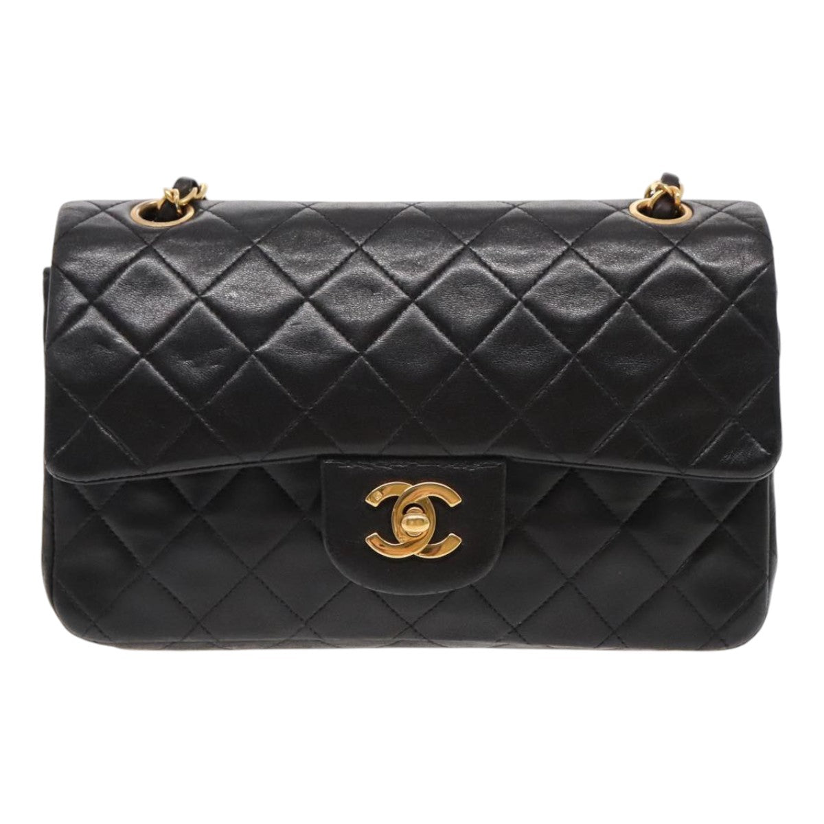 CHANEL Matelasse 23 Turn Lock Chain Bag Lamb Skin Black Gold CC Auth 94676A