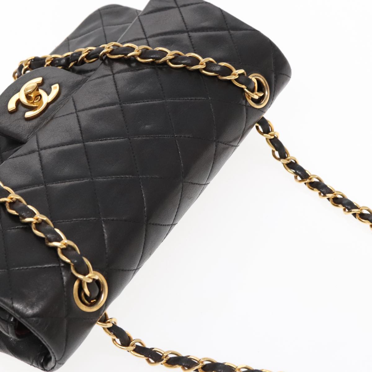 CHANEL Matelasse 23 Turn Lock Chain Bag Lamb Skin Black Gold CC Auth 94676A