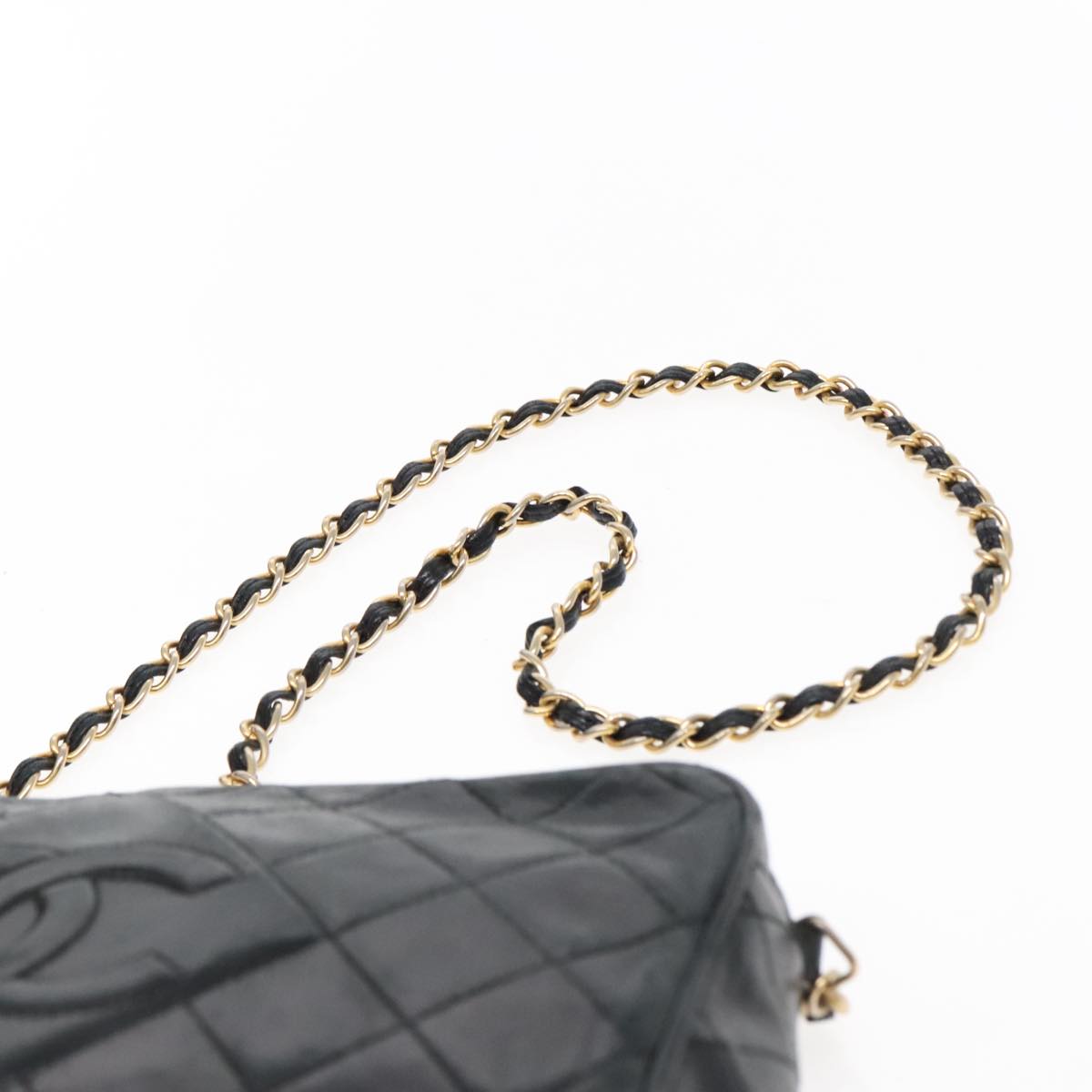 CHANEL Matelasse Fringe Chain Shoulder Bag Lamb Skin Black Gold CC Auth 94677