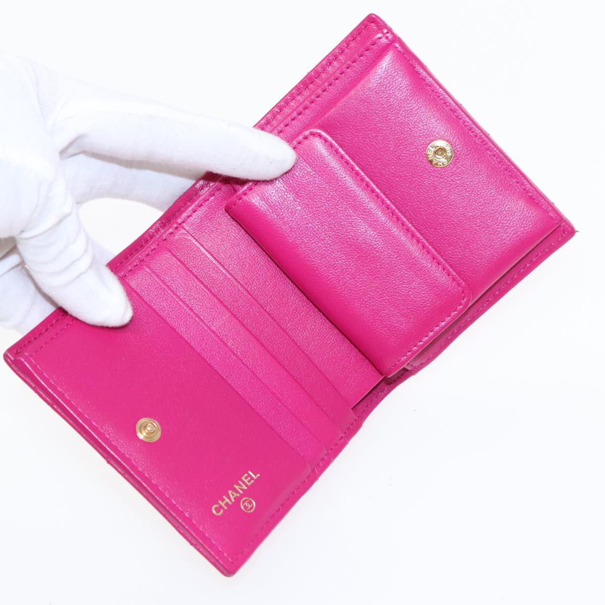 CHANEL Wallet Lamb Skin Pink Gold CC Auth 94678A