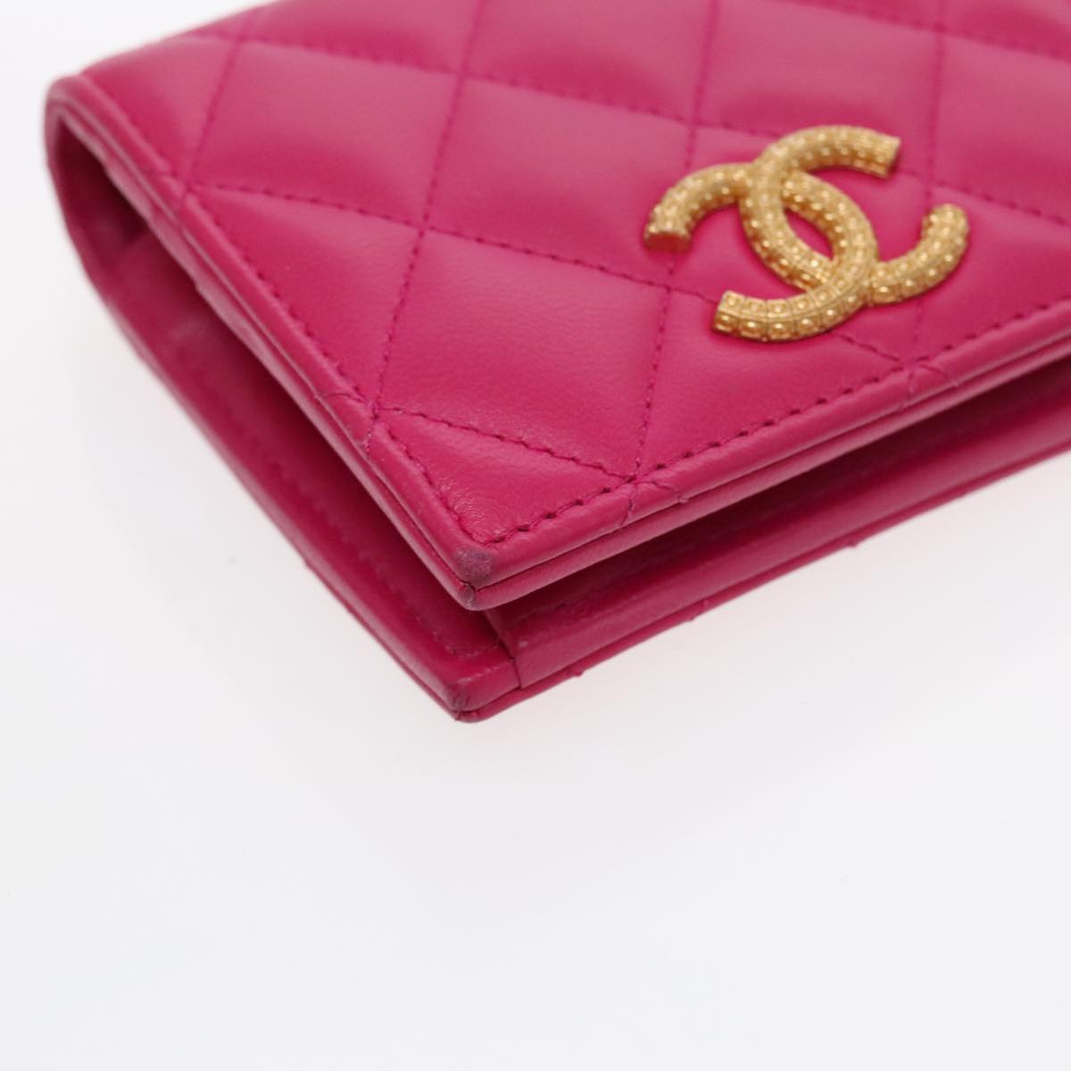 CHANEL Wallet Lamb Skin Pink Gold CC Auth 94678A