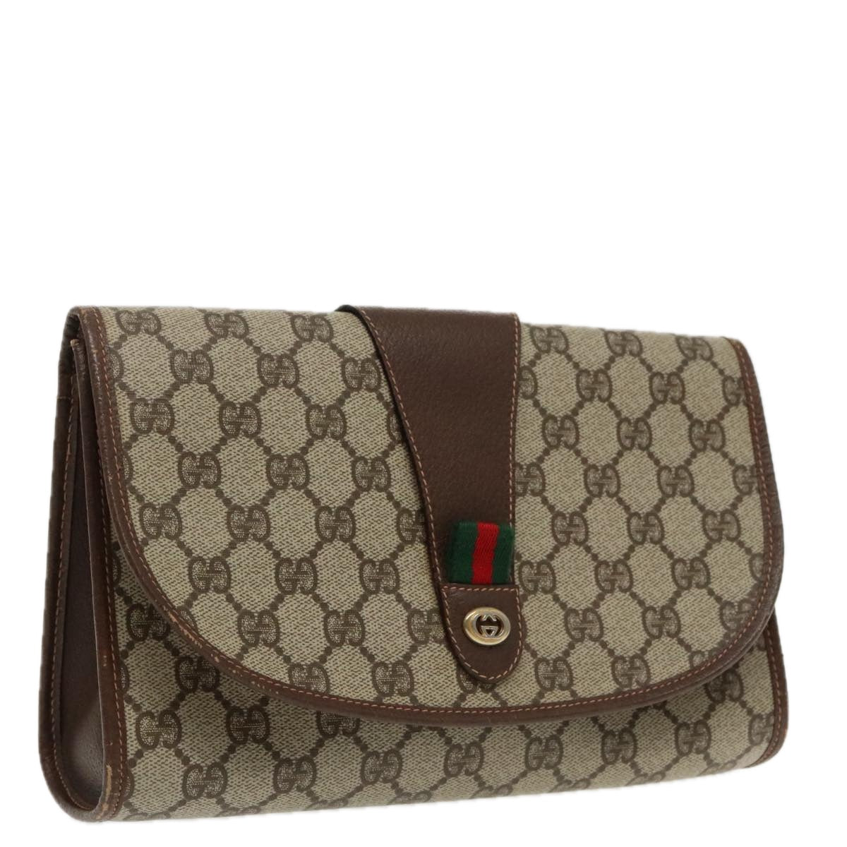 GUCCI GG Supreme Web Sherry Line Clutch Bag PVC Beige Red 156 01 030 Auth 94687