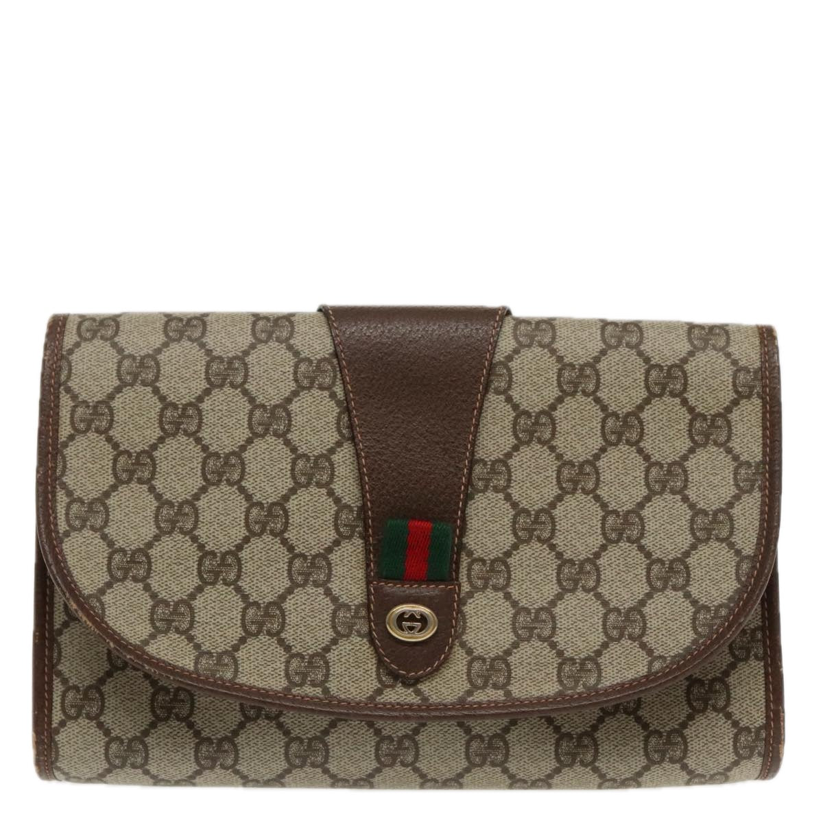 GUCCI GG Supreme Web Sherry Line Clutch Bag PVC Beige Red 156 01 030 Auth 94687