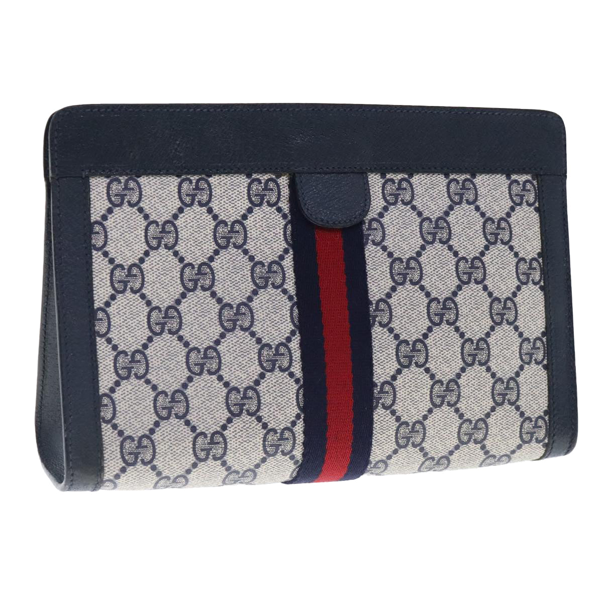 GUCCI GG Supreme Sherry Line Clutch Bag PVC Navy Red 89 01 001 Auth 94688