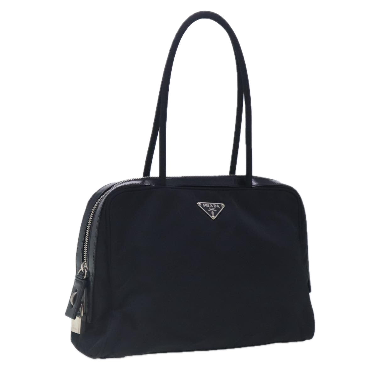 PRADA Hand Bag Nylon Leather Black Silver Auth 94690