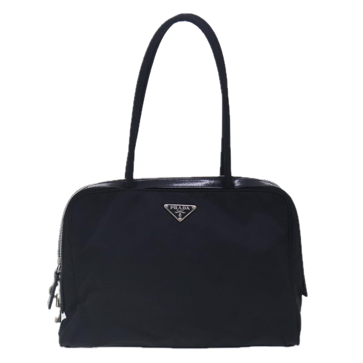 PRADA Hand Bag Nylon Leather Black Silver Auth 94690