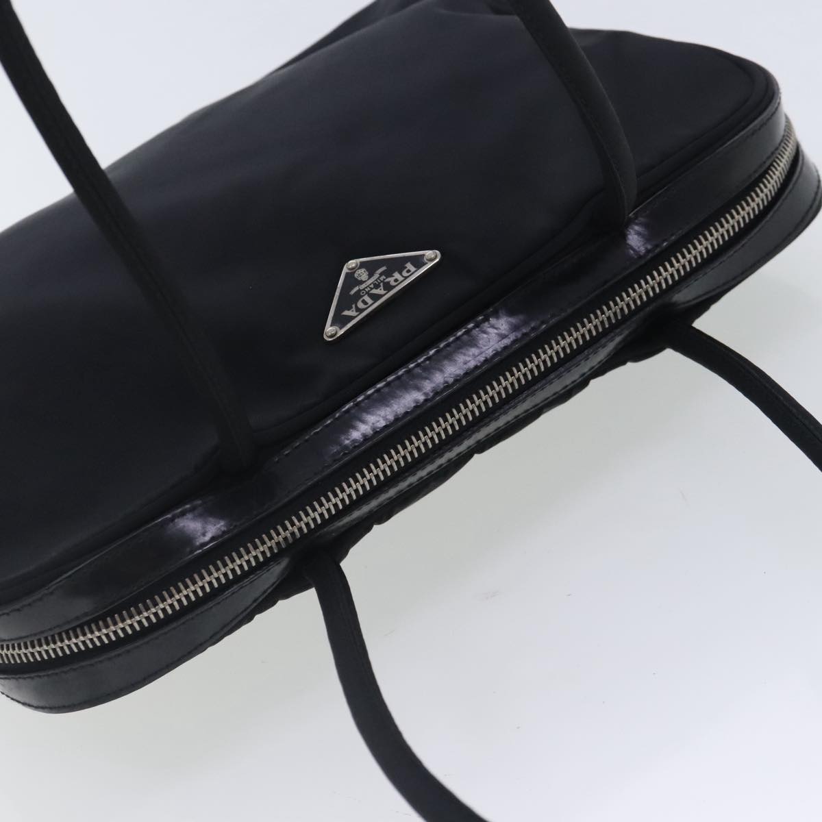 PRADA Hand Bag Nylon Leather Black Silver Auth 94690