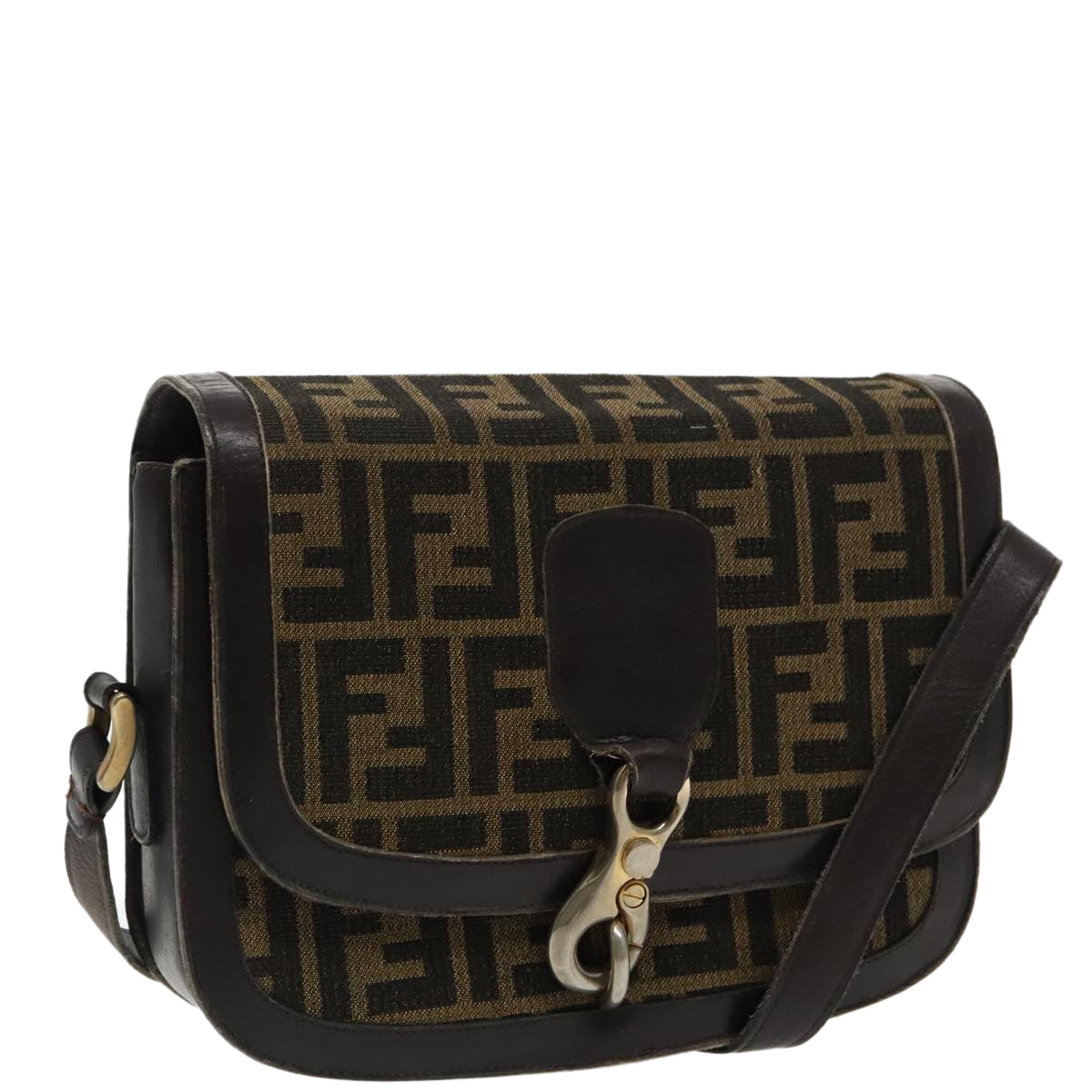 FENDI Zucca Canvas Shoulder Bag Brown Black gold Auth 94691