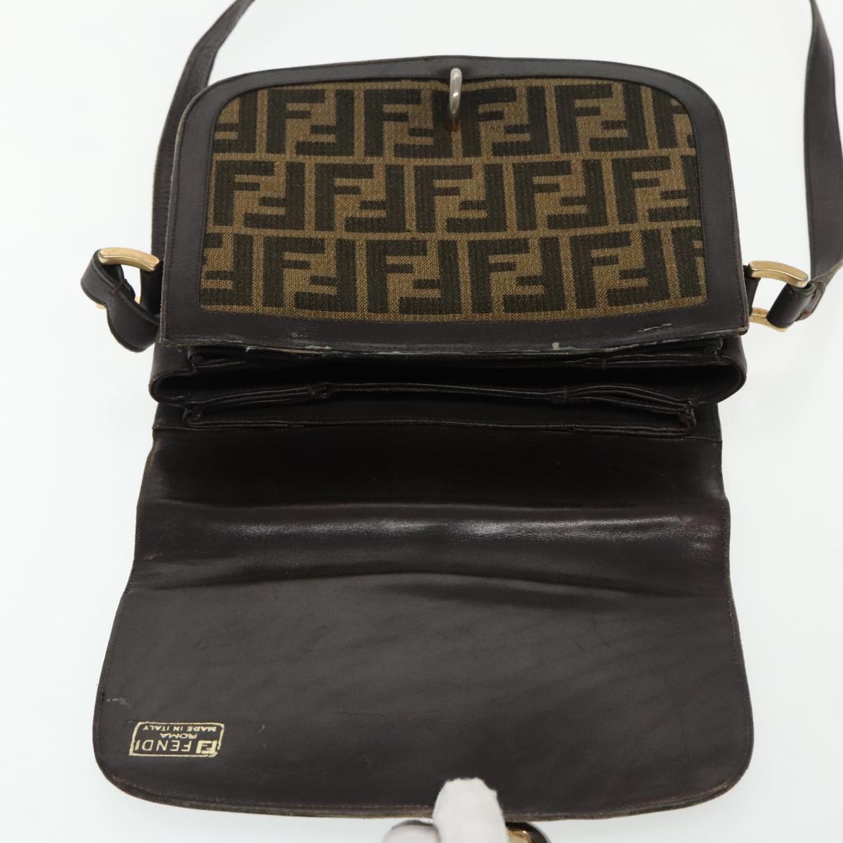 FENDI Zucca Canvas Shoulder Bag Brown Black gold Auth 94691