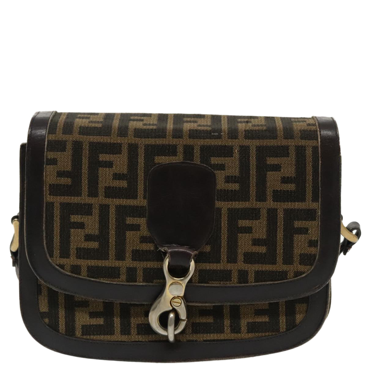 FENDI Zucca Canvas Shoulder Bag Brown Black gold Auth 94691