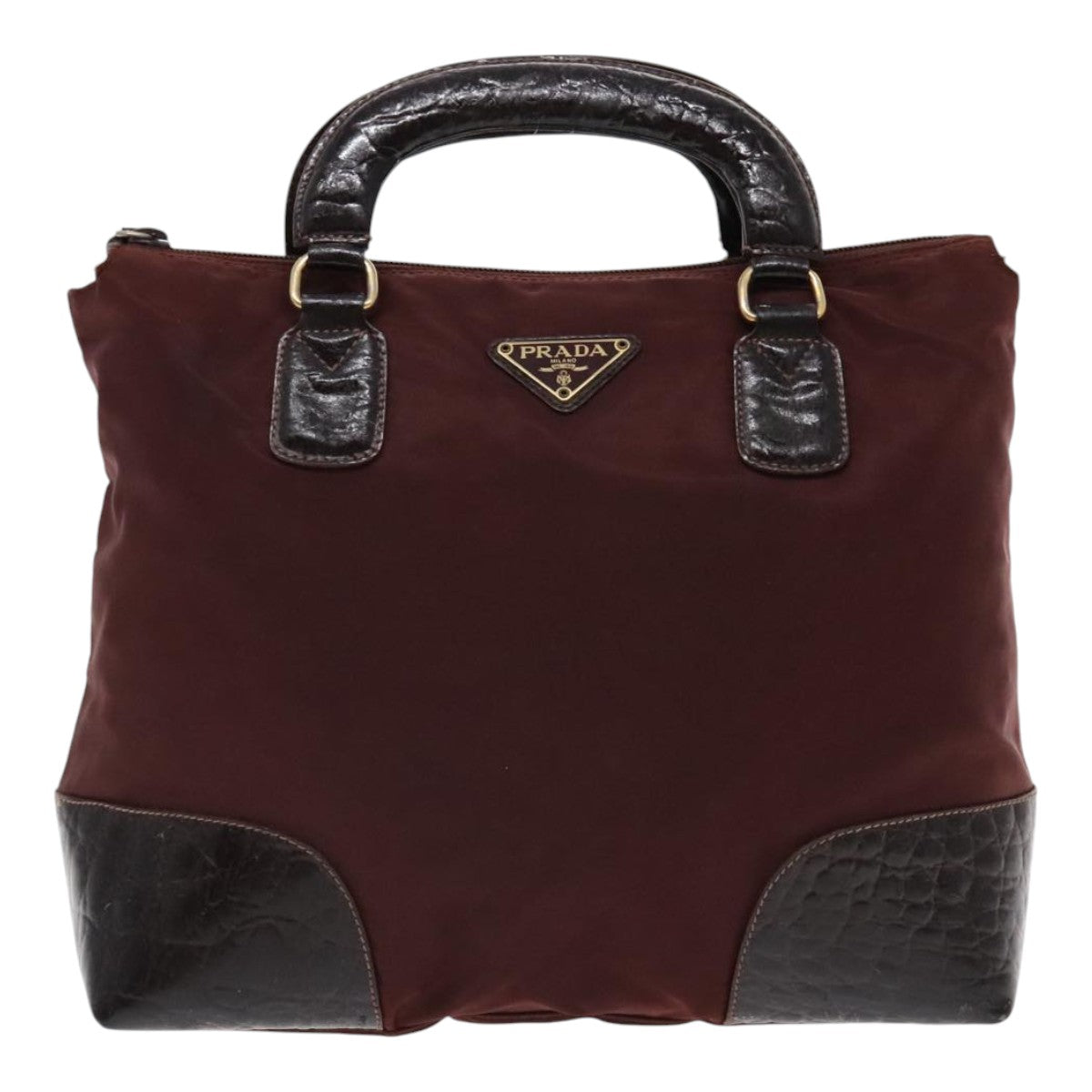 PRADA Hand Bag Nylon Leather Brown Gold Auth 94697