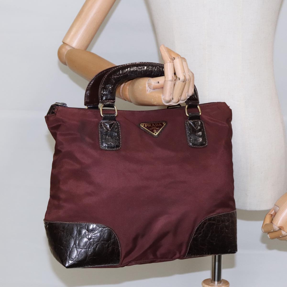 PRADA Hand Bag Nylon Leather Brown Gold Auth 94697