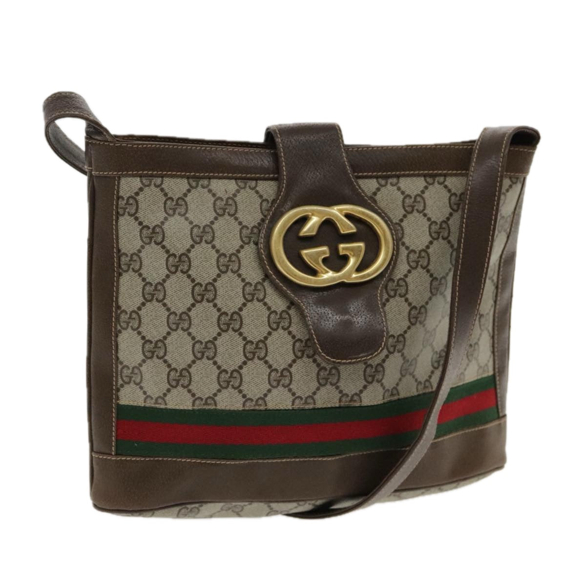 GUCCI GG Supreme Web Sherry Line Shoulder Bag PVC Beige Red Green Auth 94707