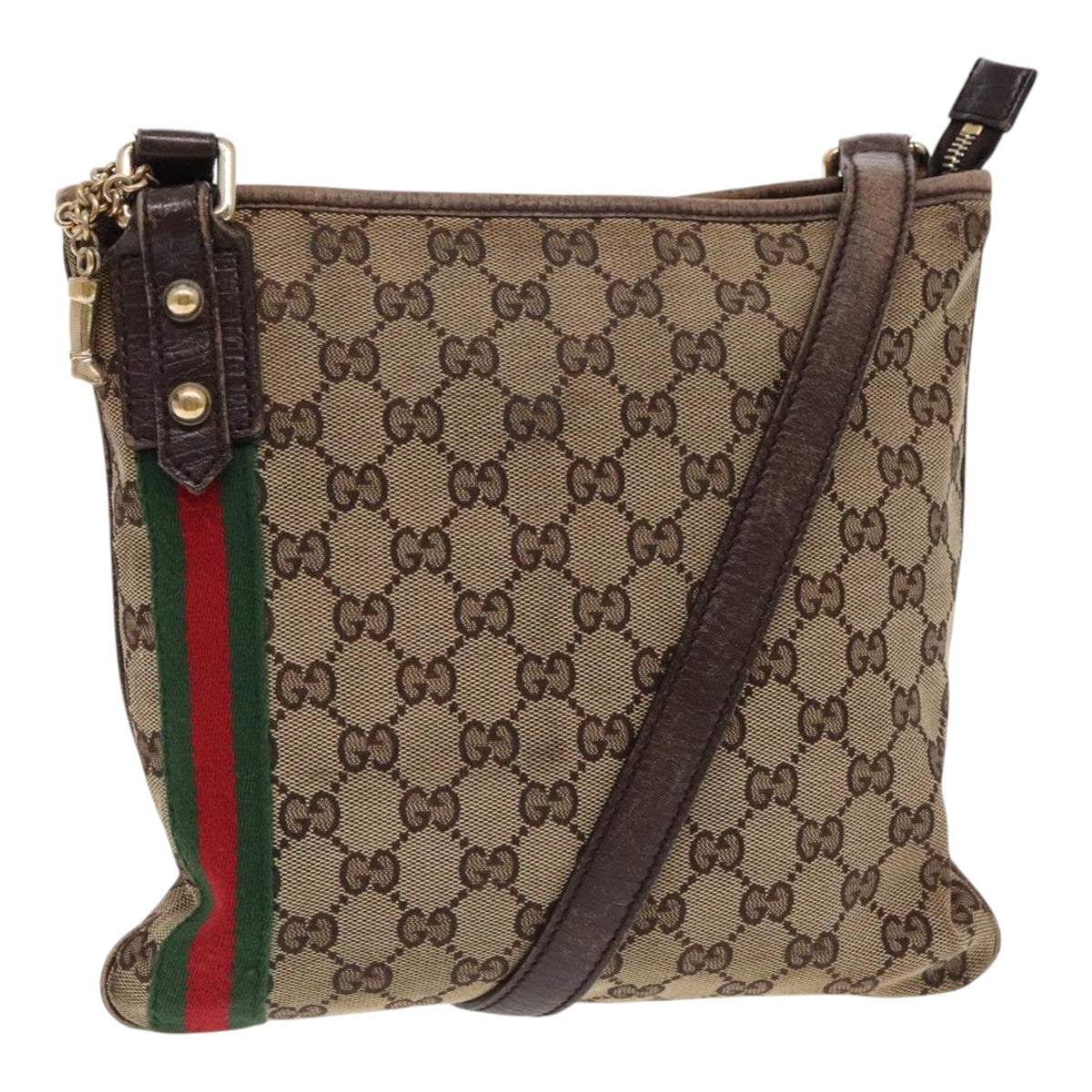 GUCCI GG Canvas Web Sherry Line Shoulder Bag Beige Brown Gold 144388 Auth 94719