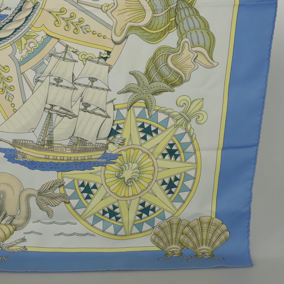 HERMES Carre 90 Scarf ""L'AIR MARIN""Silk Light Blue Auth 94729