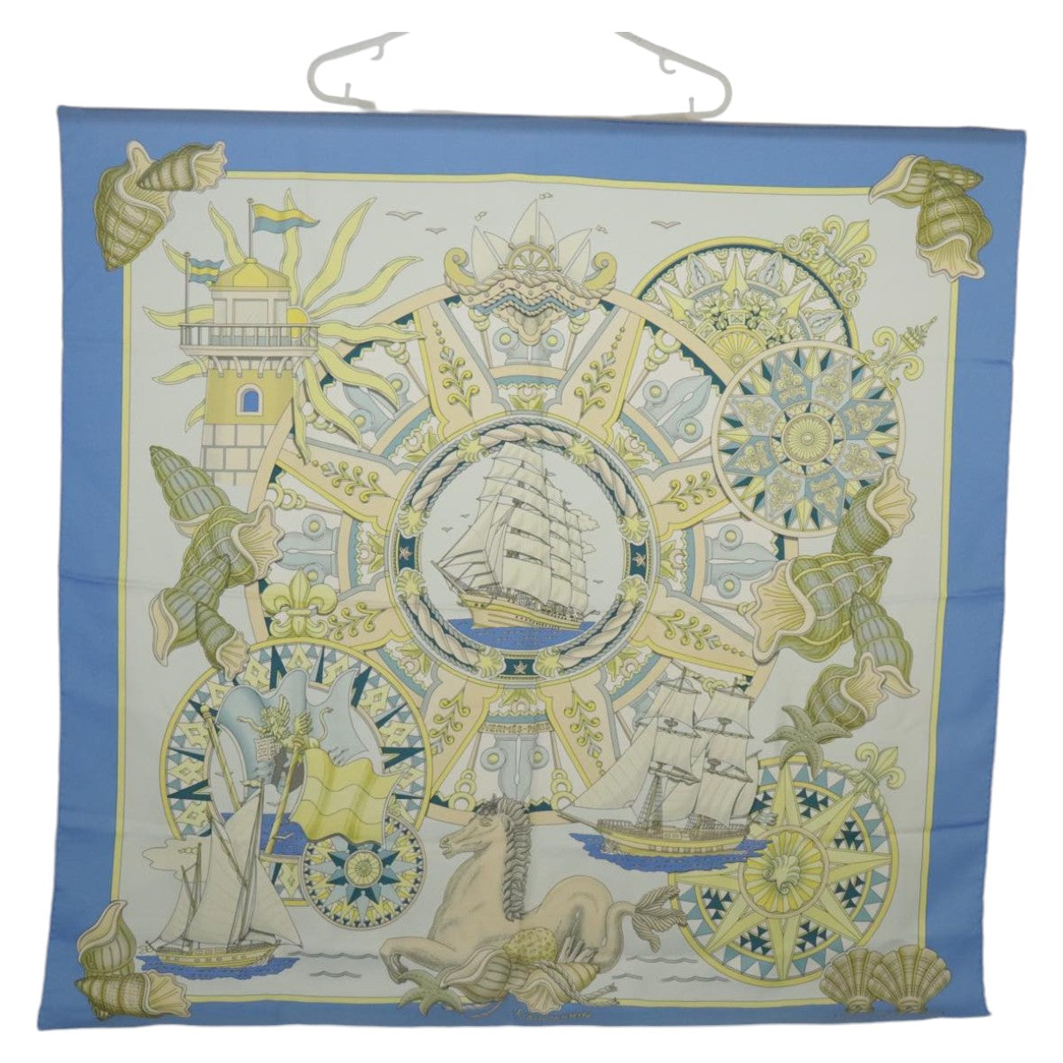 HERMES Carre 90 Scarf ""L'AIR MARIN""Silk Light Blue Auth 94729