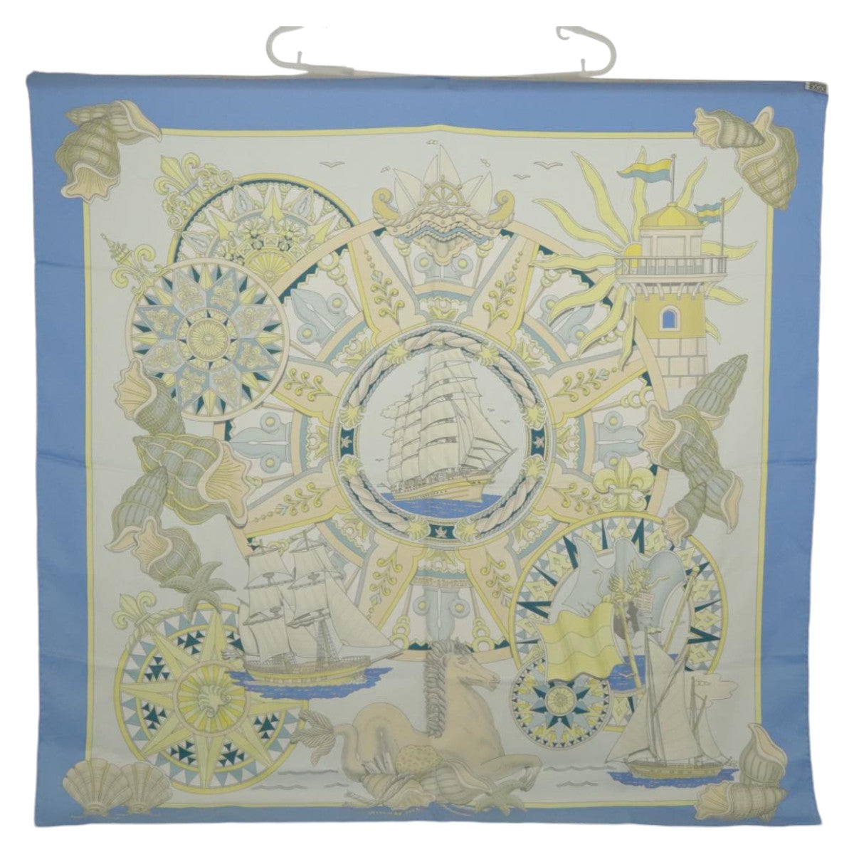 HERMES Carre 90 Scarf ""L'AIR MARIN""Silk Light Blue Auth 94729 - 0