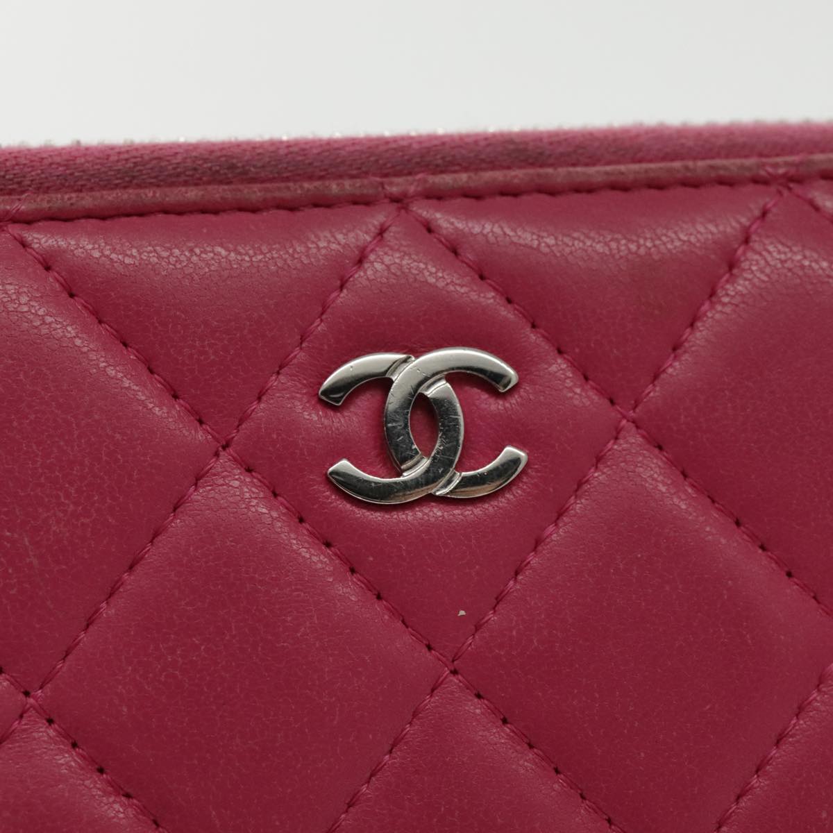 CHANEL Matelasse Long Wallet Lamb Skin Pink Silver CC Auth 94740