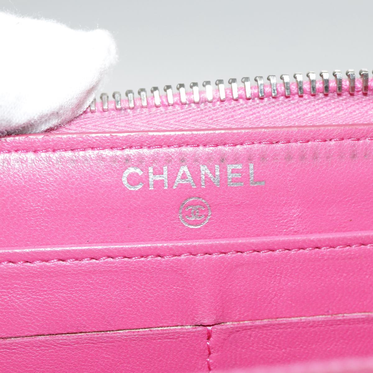 CHANEL Matelasse Long Wallet Lamb Skin Pink Silver CC Auth 94740