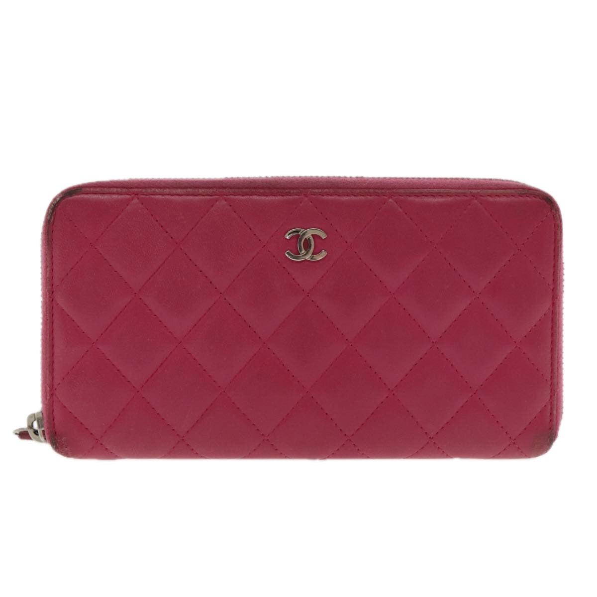 CHANEL Matelasse Long Wallet Lamb Skin Pink Silver CC Auth 94740