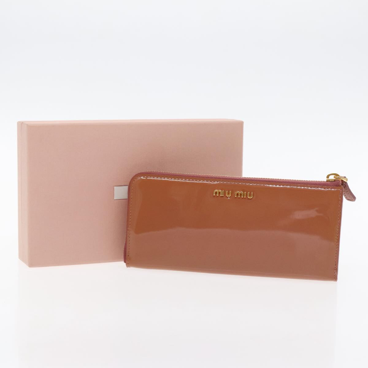 Miu Miu Long Wallet Enamel Pink Gold Auth 94742